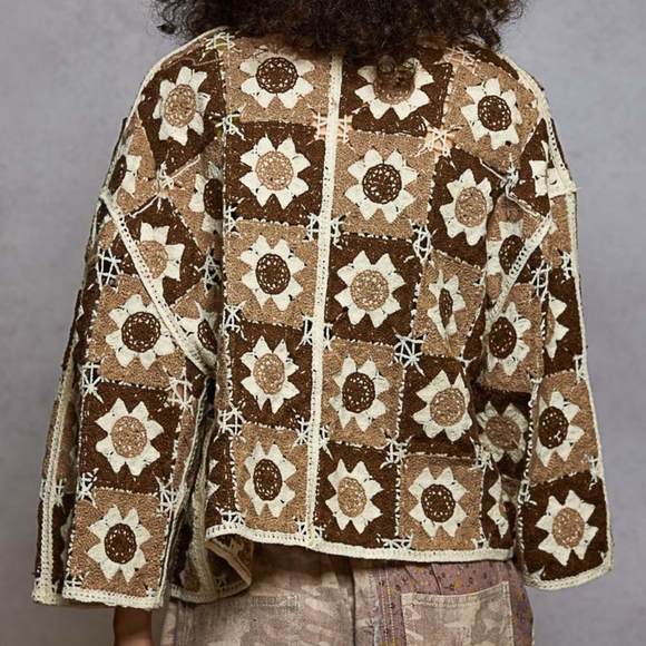 POL Floral Granny Square Crochet Cardigan Retro Boxy Open Front Sweater Openwork - Picture 11 of 16